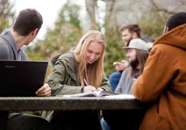 Young students doing schoolwork together outside